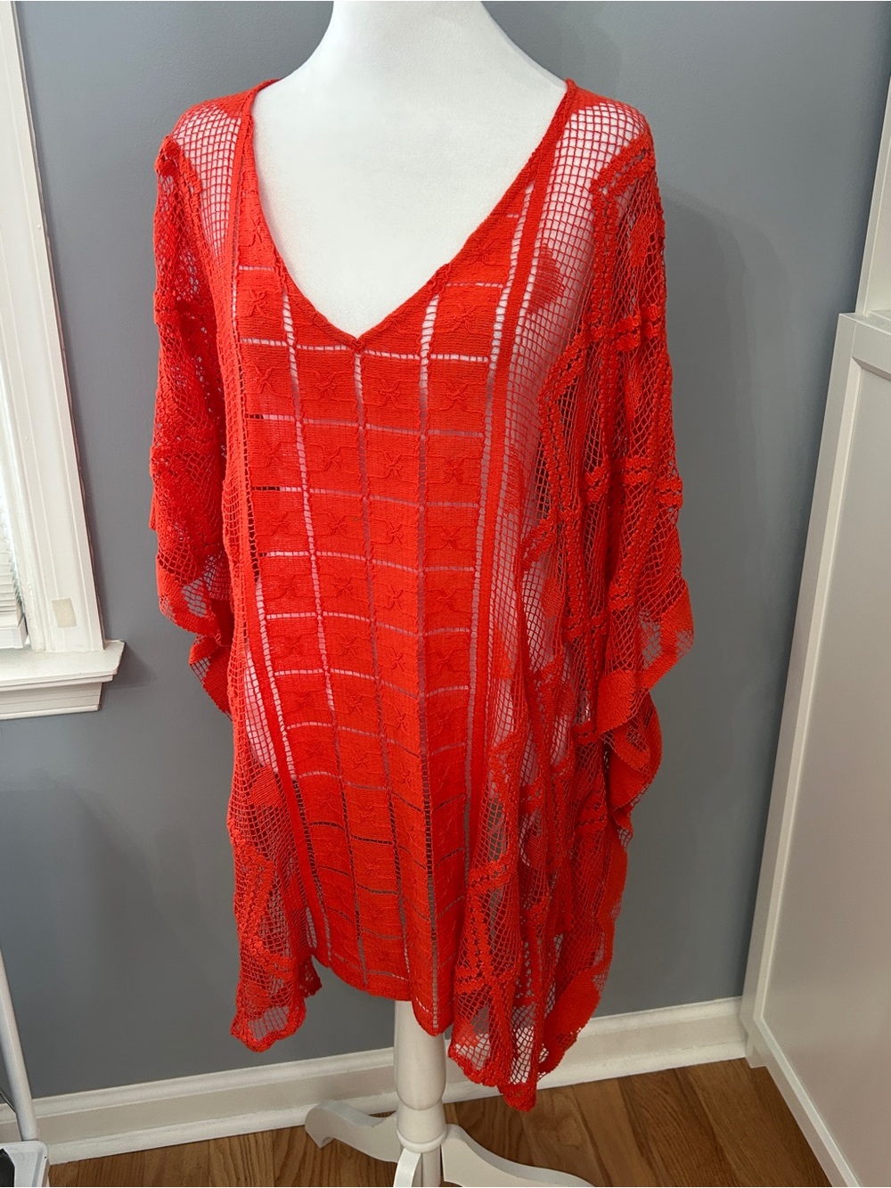 Free People Orange Crochet Cotton Tunic Top Oversized Boho One Size Cover Up